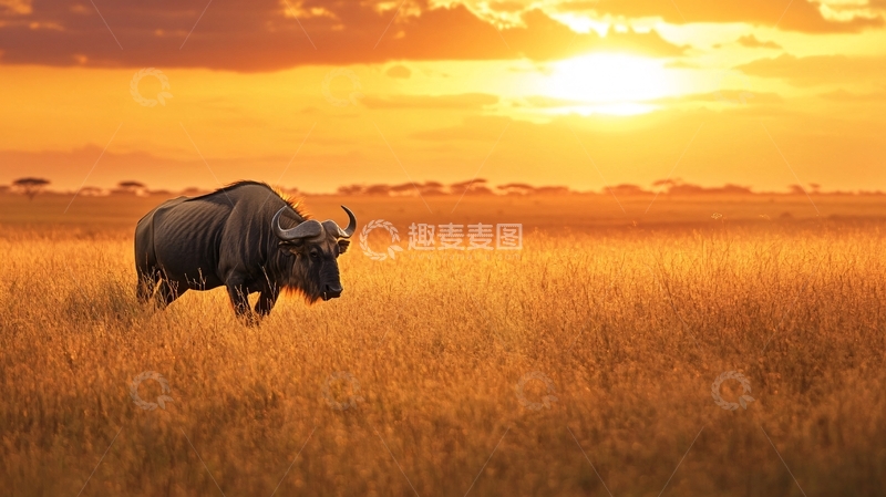 高清大图下载【趣麦麦图】夕阳水牛3