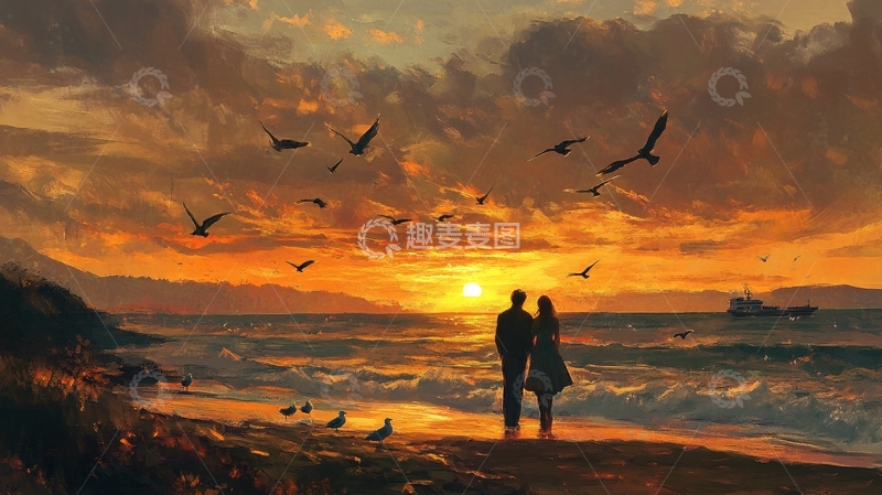 高清大图下载【趣麦麦图】黄昏依偎情侣背影
