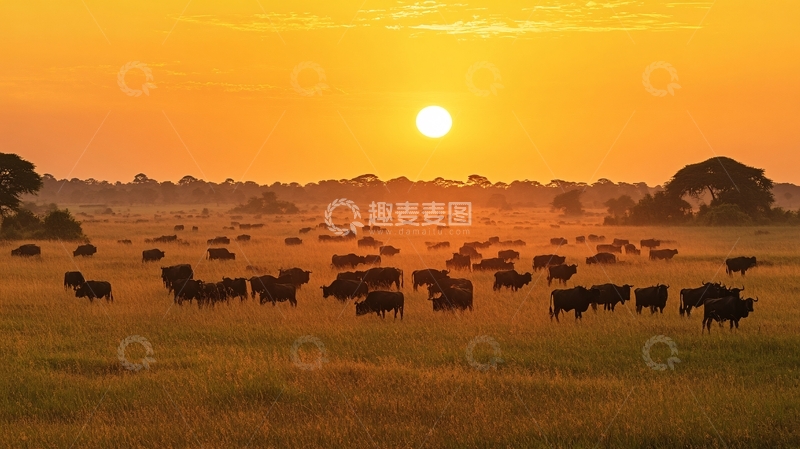 高清大图下载【趣麦麦图】清晨太阳牛群乡村7