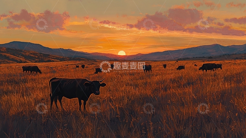 高清大图下载【趣麦麦图】草原牛群夕照图