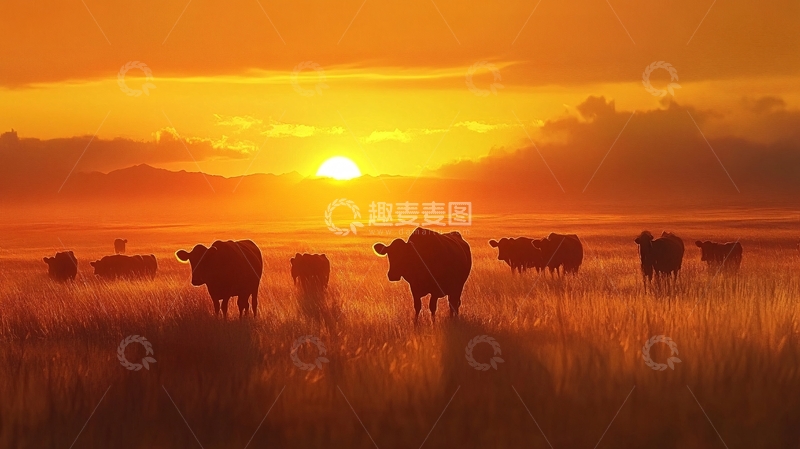 高清大图下载【趣麦麦图】草原牧牛夕阳下