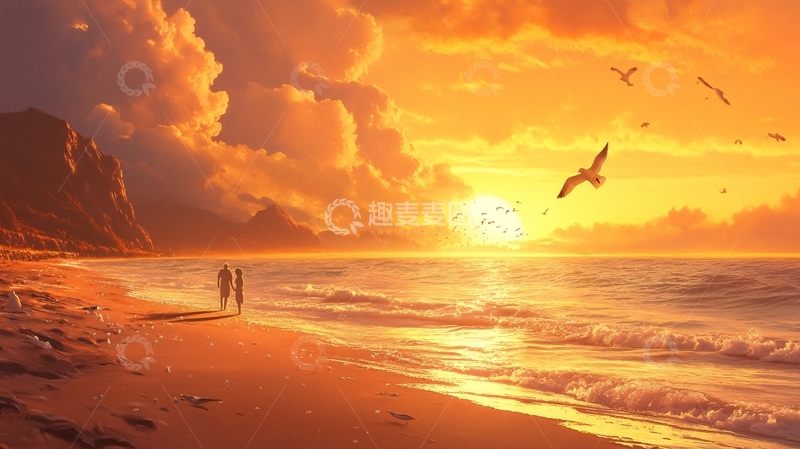 高清大图下载【趣麦麦图】海边落日插画73