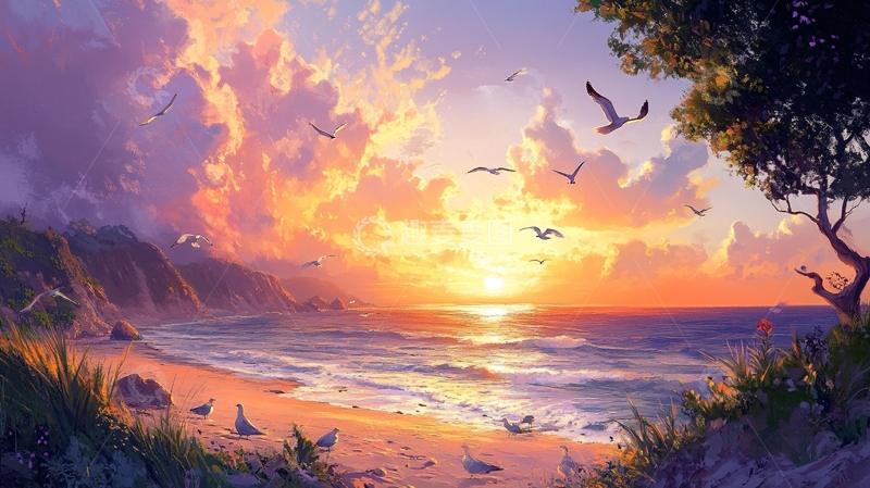 高清大图下载【趣麦麦图】唯美海岸风景插画53