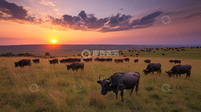 高清大图下载【趣麦麦图】夕阳水牛5