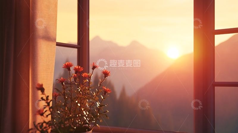 高清大图下载【趣麦麦图】窗外绚丽的日出