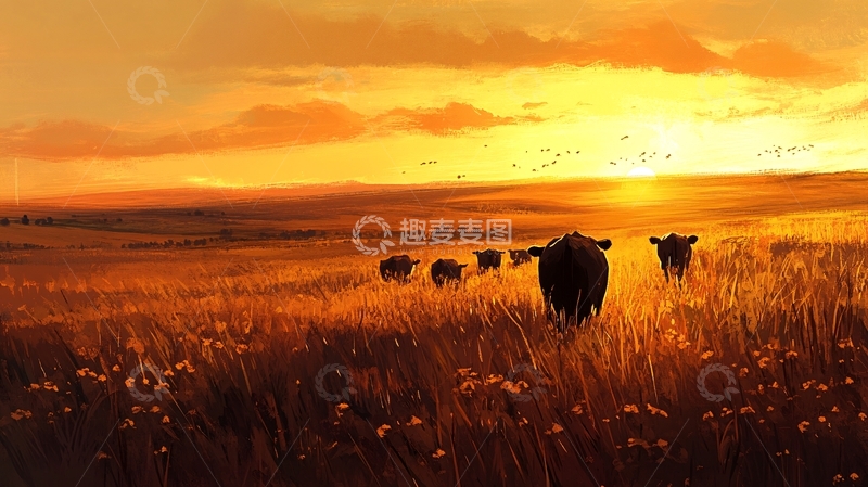 高清大图下载【趣麦麦图】草原夕照牛群