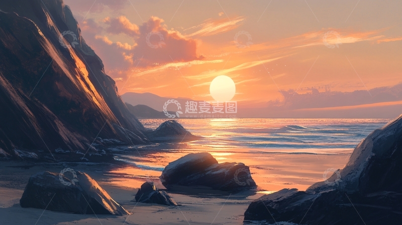 高清大图下载【趣麦麦图】海边落日插画74