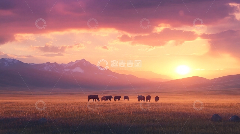 高清大图下载【趣麦麦图】夕阳草原牧马1