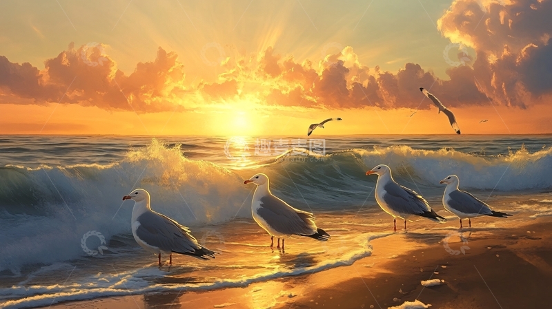 高清大图下载【趣麦麦图】日出海鸥油画5