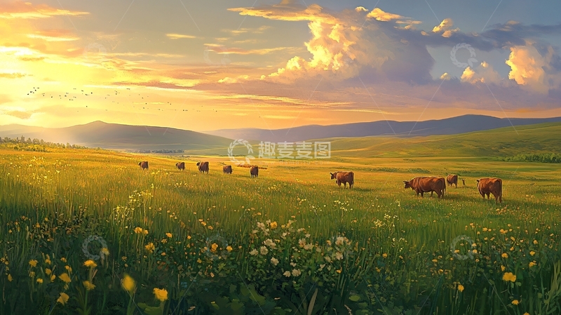 高清大图下载【趣麦麦图】夏季牧场晚霞