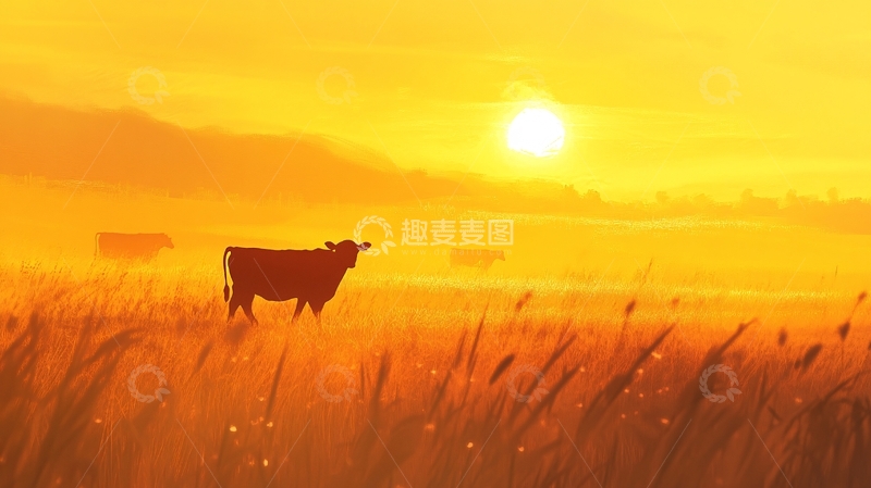 高清大图下载【趣麦麦图】草原日出牛群
