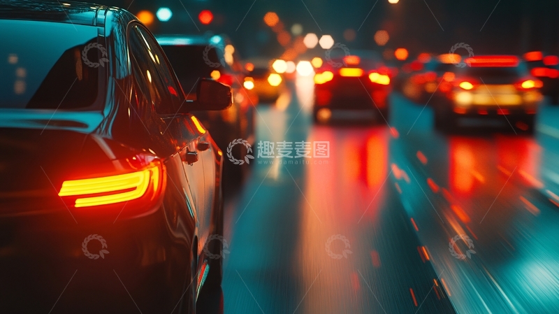 高清大图下载【趣麦麦图】夜晚路口等红灯的车辆