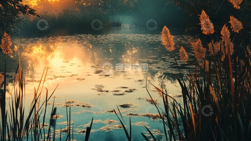 高清大图下载【趣麦麦图】池塘秋晨