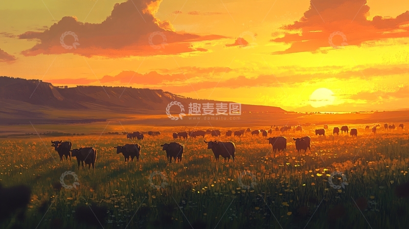 高清大图下载【趣麦麦图】夏季牧场晚霞1