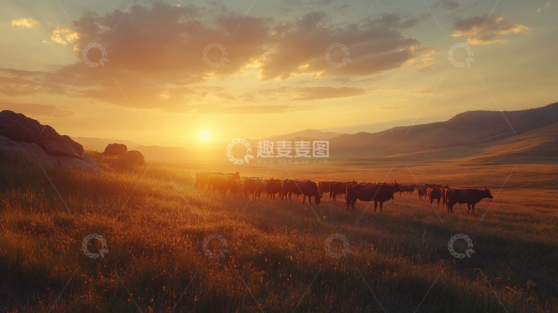 高清大图下载【趣麦麦图】傍晚草原牧归牛群12