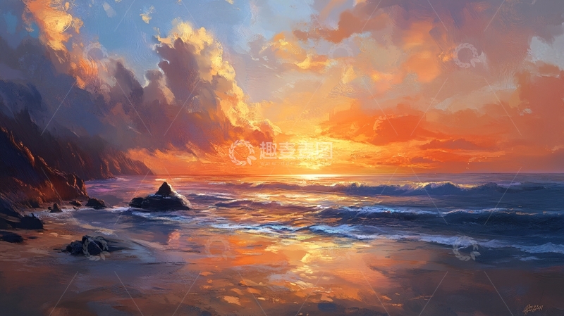 高清大图下载【趣麦麦图】海边落日插画76