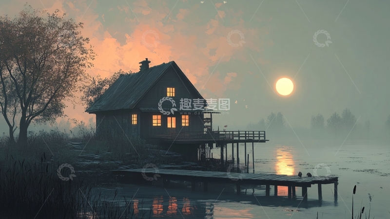 高清大图下载【趣麦麦图】芦苇荡小屋傍晚