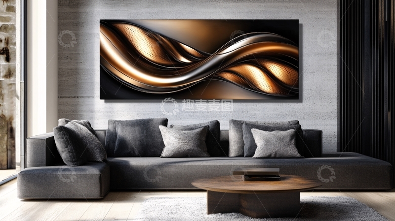高清大图下载【趣麦麦图】金色线条客厅装饰画