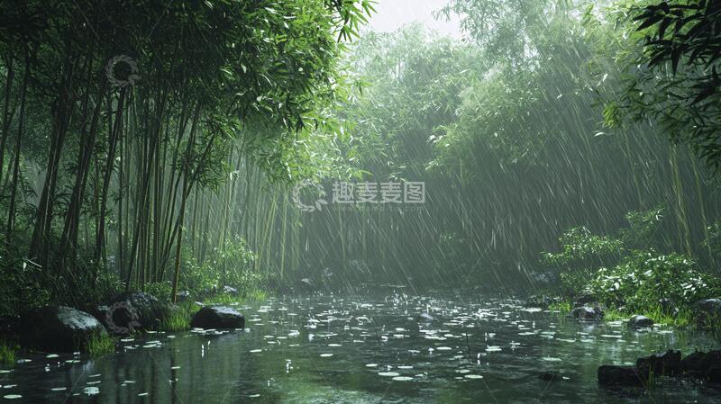高清大图下载【趣麦麦图】竹林雨景意境背景雨景