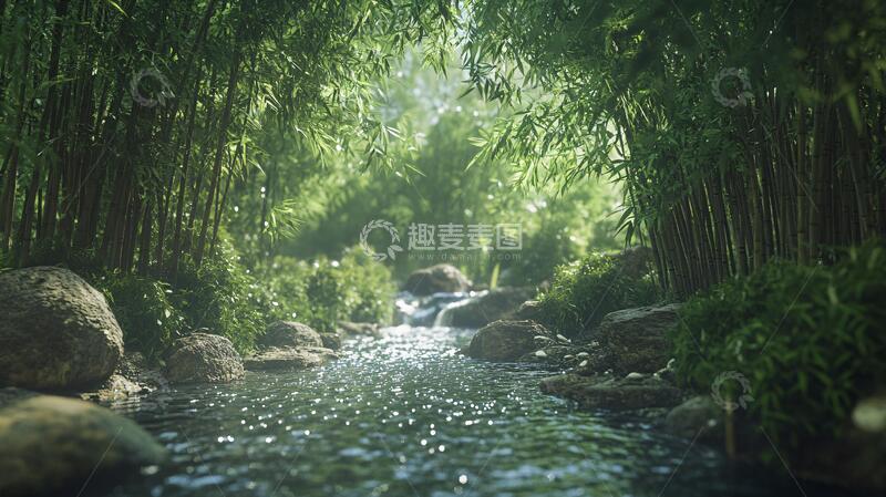 高清大图下载【趣麦麦图】阳光竹林里的小河