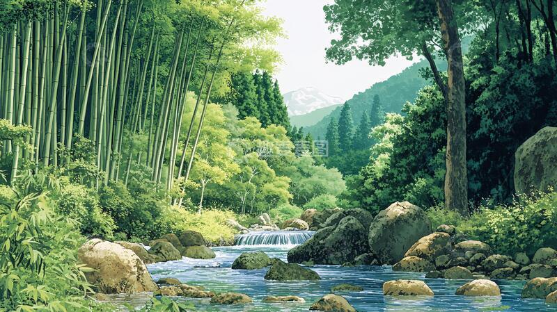 高清大图下载【趣麦麦图】竹林河流山峰19