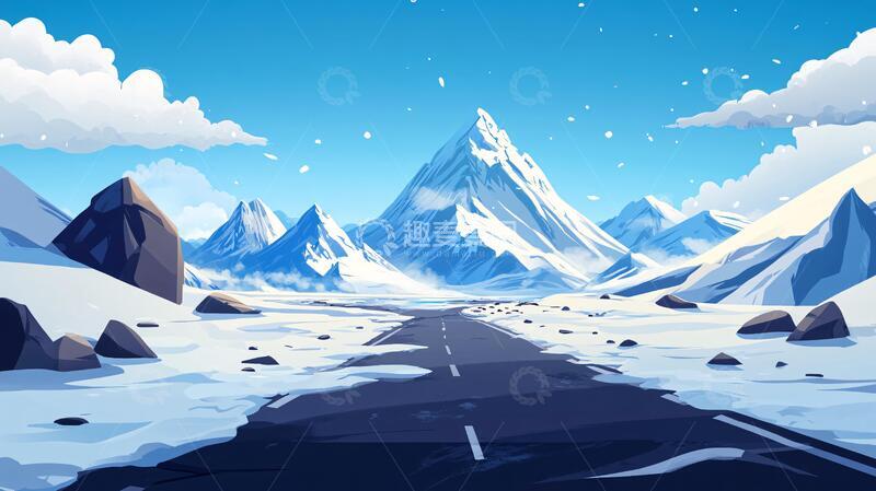 高清大图下载【趣麦麦图】雪山插画插画道路风景