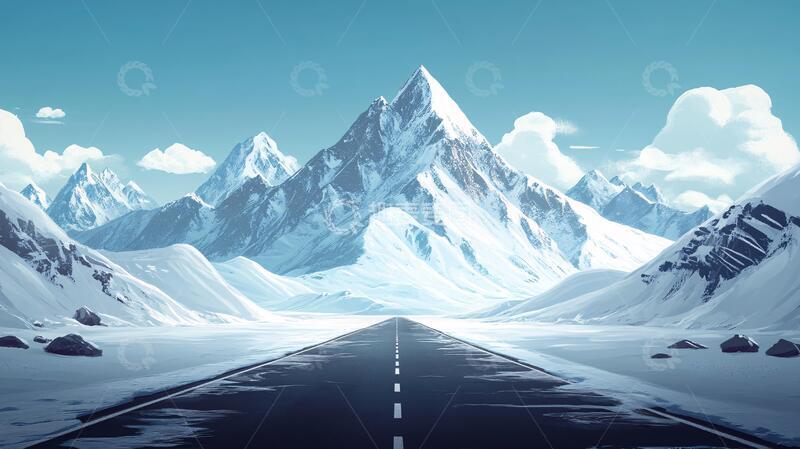 高清大图下载【趣麦麦图】雪山插画插画风景道路