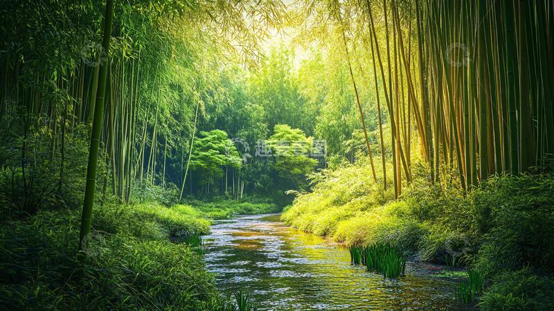高清大图下载【趣麦麦图】-阳光竹林小溪3