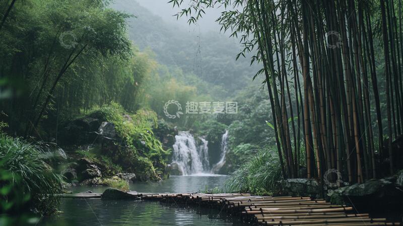 高清大图下载【趣麦麦图】卷石勺水瀑布竹林