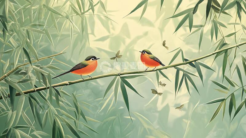 高清大图下载【趣麦麦图】竹林飞鸟插画3