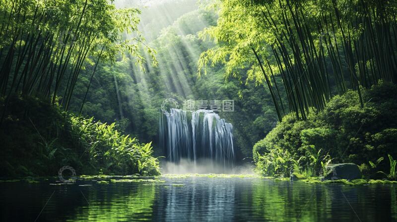 高清大图下载【趣麦麦图】春天竹林瀑布晨曦唯美24