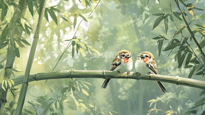 高清大图下载【趣麦麦图】竹林双雀飞鸟插画小鸟