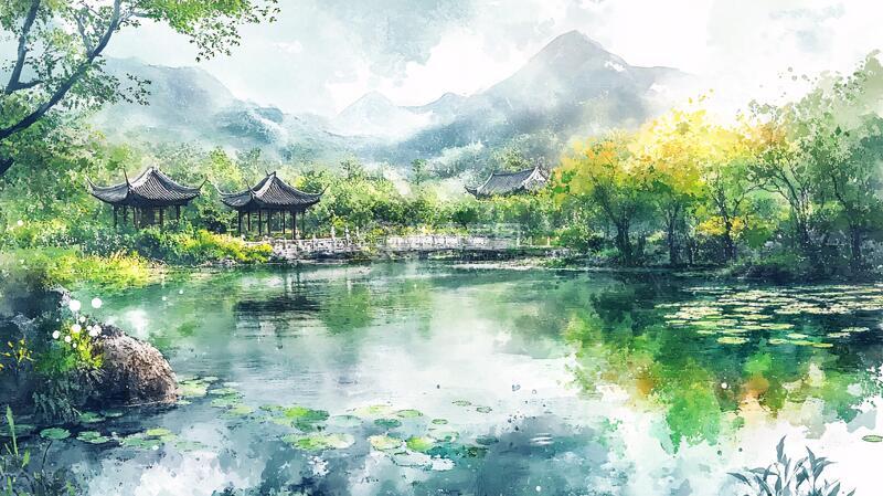 高清大图下载【趣麦麦图】古风园林插画