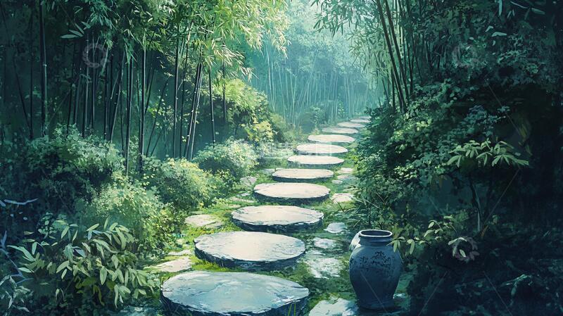 高清大图下载【趣麦麦图】竹林石路小路素材背景