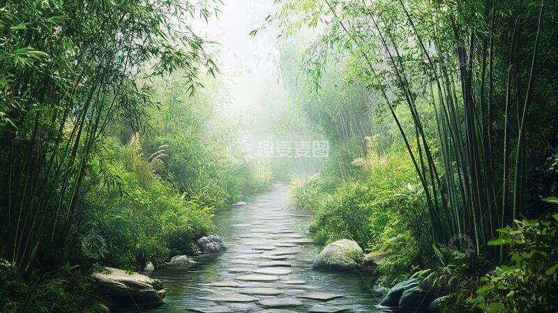 高清大图下载【趣麦麦图】竹林意境图小路意境中式