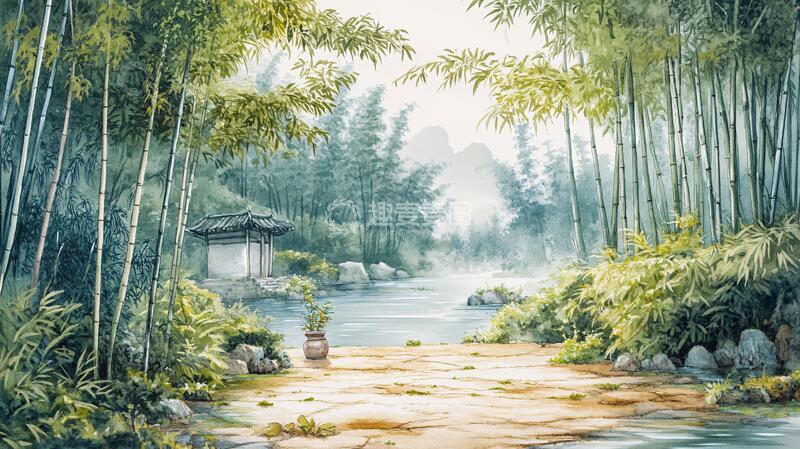 高清大图下载【趣麦麦图】竹林立体画意境油画插画