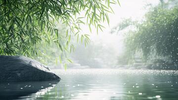 池台竹树背景雨景园林
