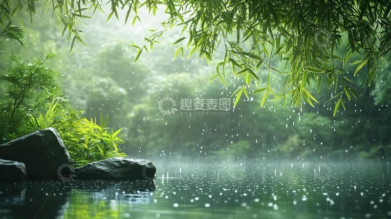 高清大图下载【趣麦麦图】梦幻竹林意境雨景梦幻