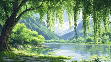 杨柳意境图垂柳绿树意境