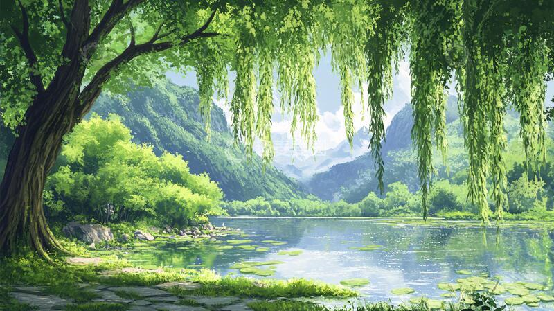 高清大图下载【趣麦麦图】杨柳意境图垂柳绿树意境