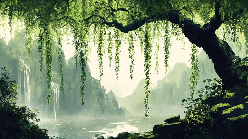 高清大图下载【趣麦麦图】手绘垂柳山水