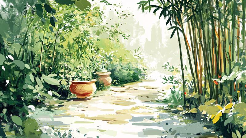 高清大图下载【趣麦麦图】庭院插画插画庭院小路