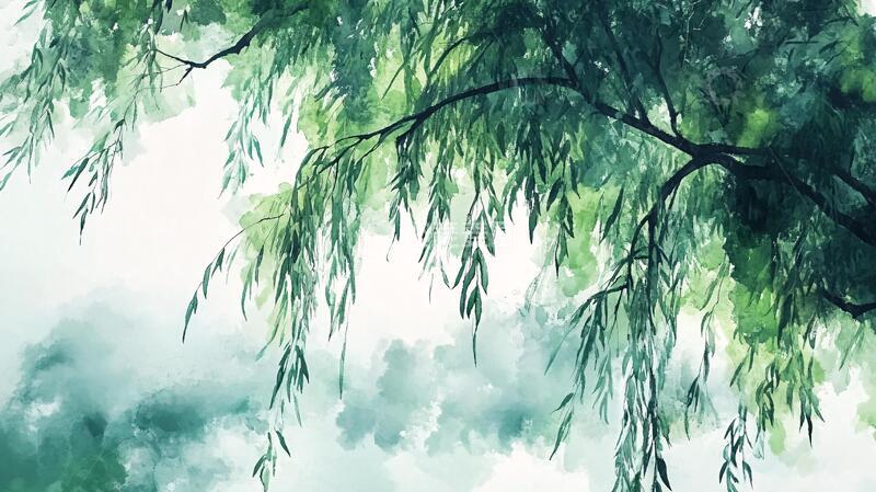 高清大图下载【趣麦麦图】柳树插画枝叶壁纸插画