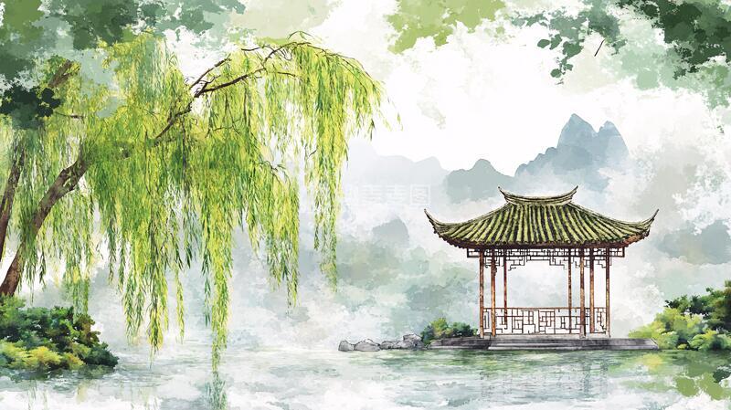 高清大图下载【趣麦麦图】水榭树木水彩画