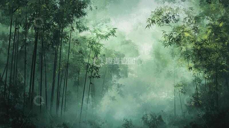 高清大图下载【趣麦麦图】梦幻竹林意境壁纸绿色