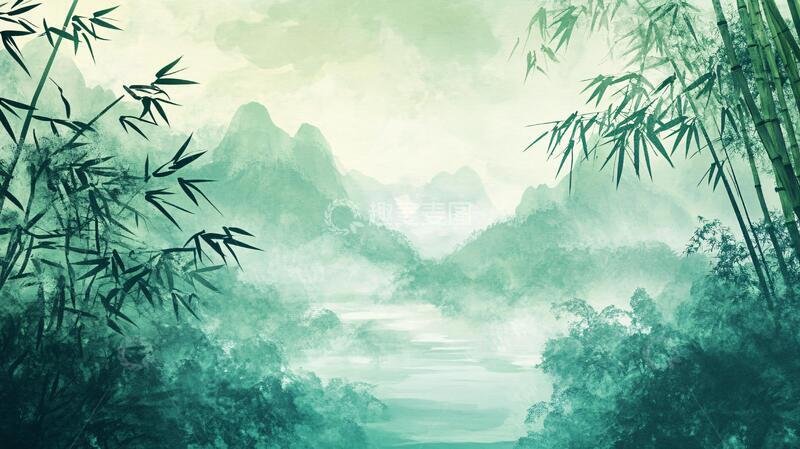 高清大图下载【趣麦麦图】竹林山水背景56