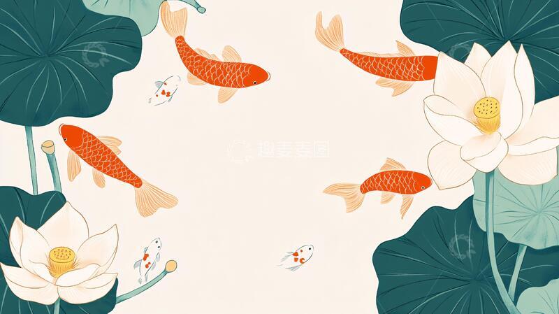 高清大图下载【趣麦麦图】荷花锦鲤插画33