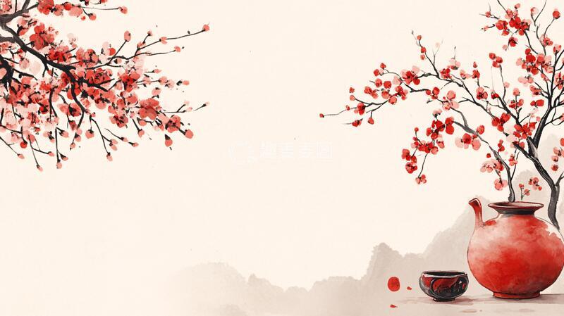 高清大图下载【趣麦麦图】工笔手绘红墙梅花5