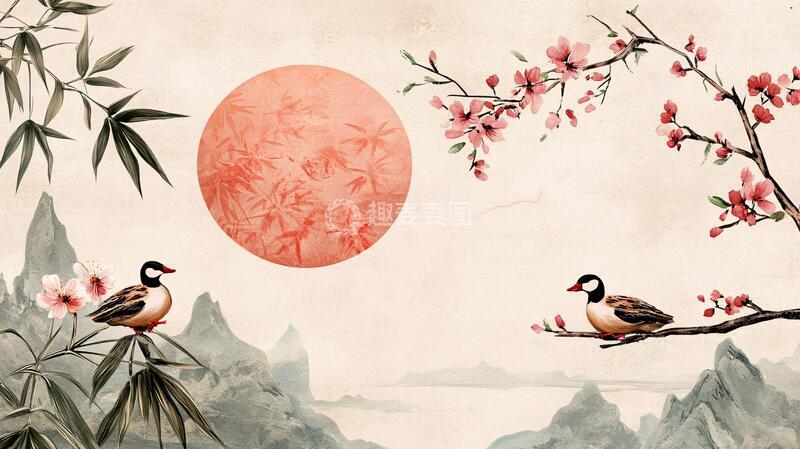 高清大图下载【趣麦麦图】新中式山水梅花花鸟