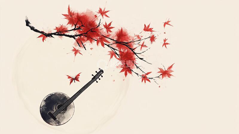 高清大图下载【趣麦麦图】乐器意境图红叶枫叶插画